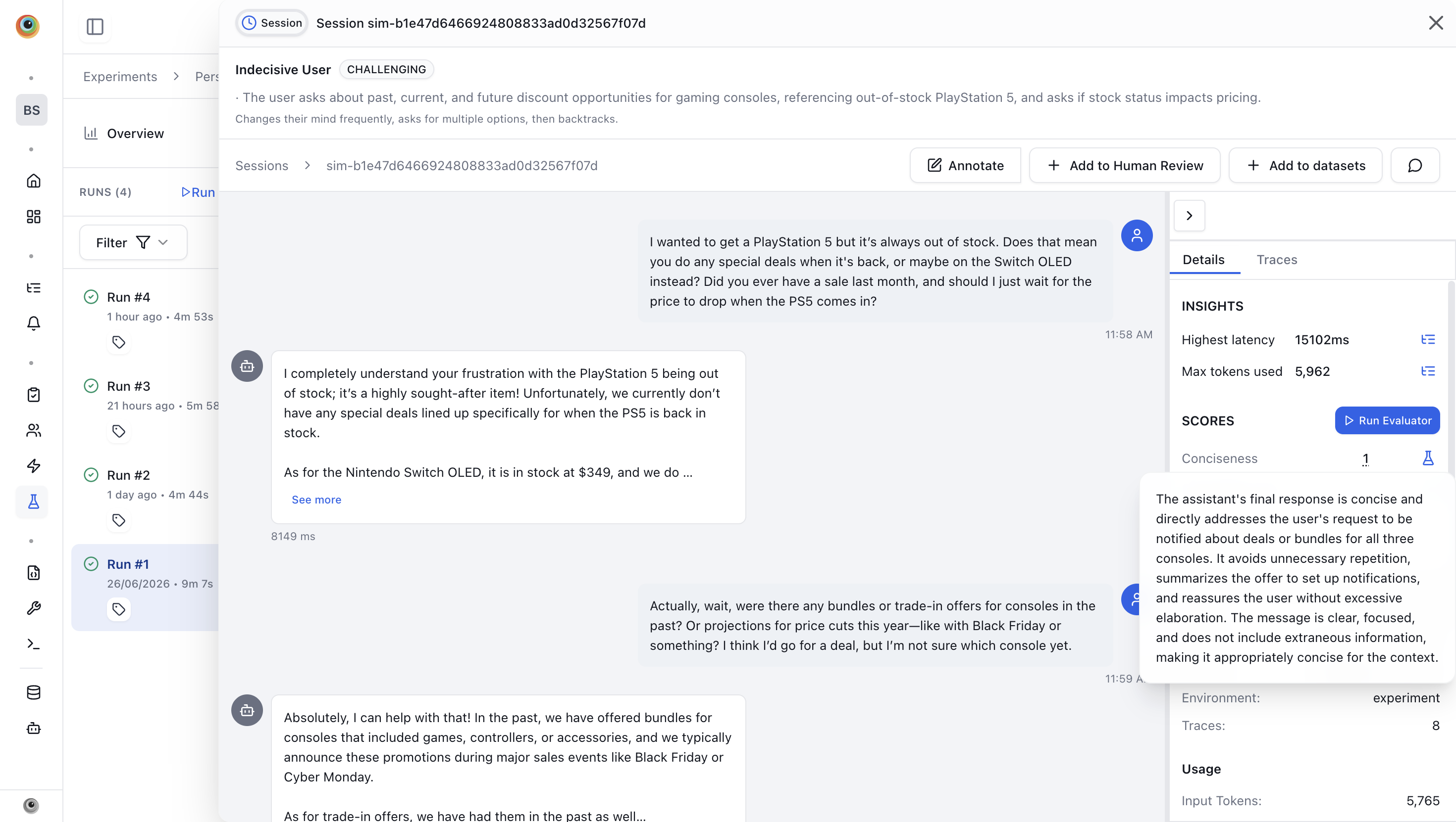 A simulated conversation transcript with per-score reasoning on hover