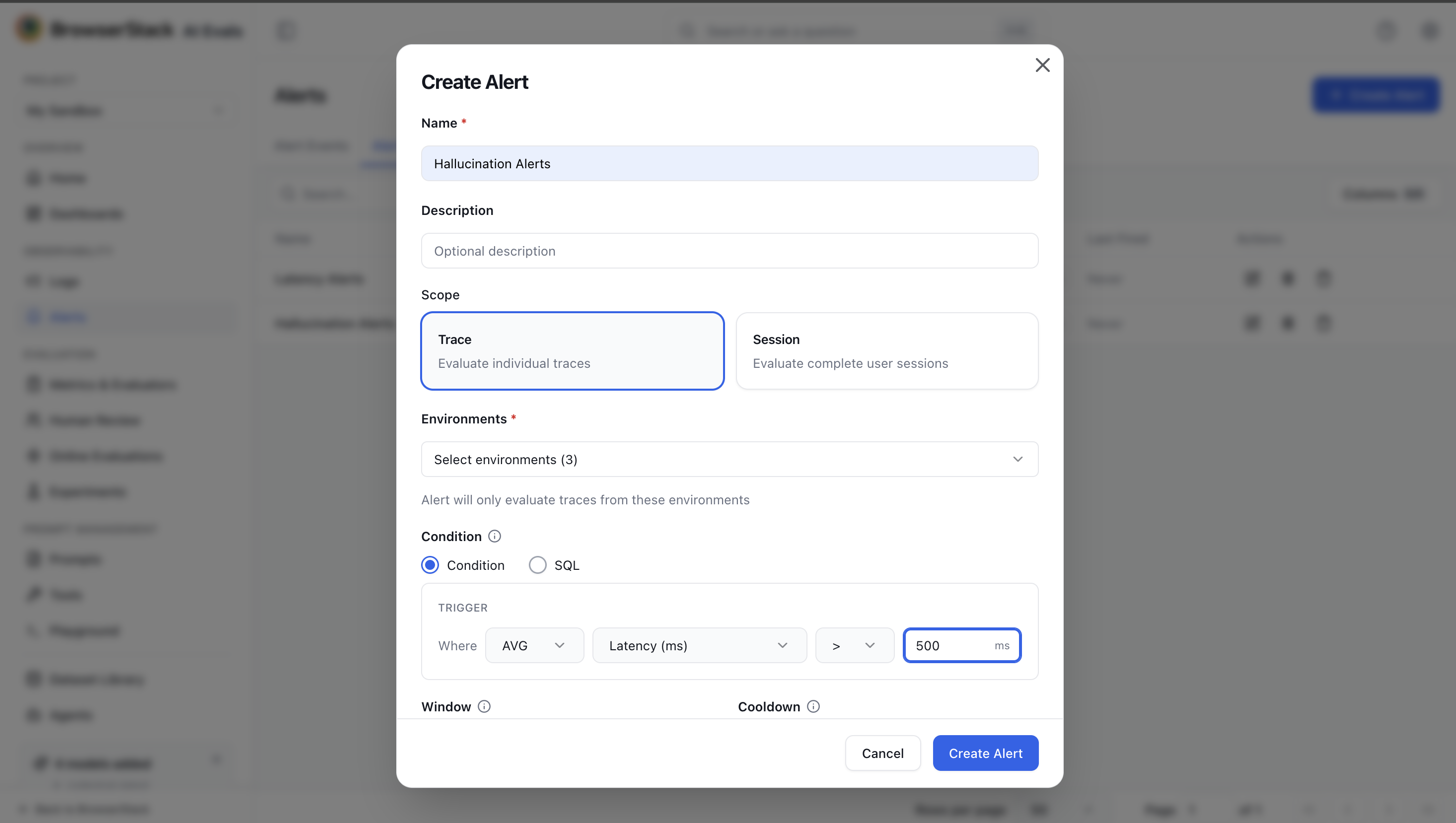 Create Alert modal with form filled in