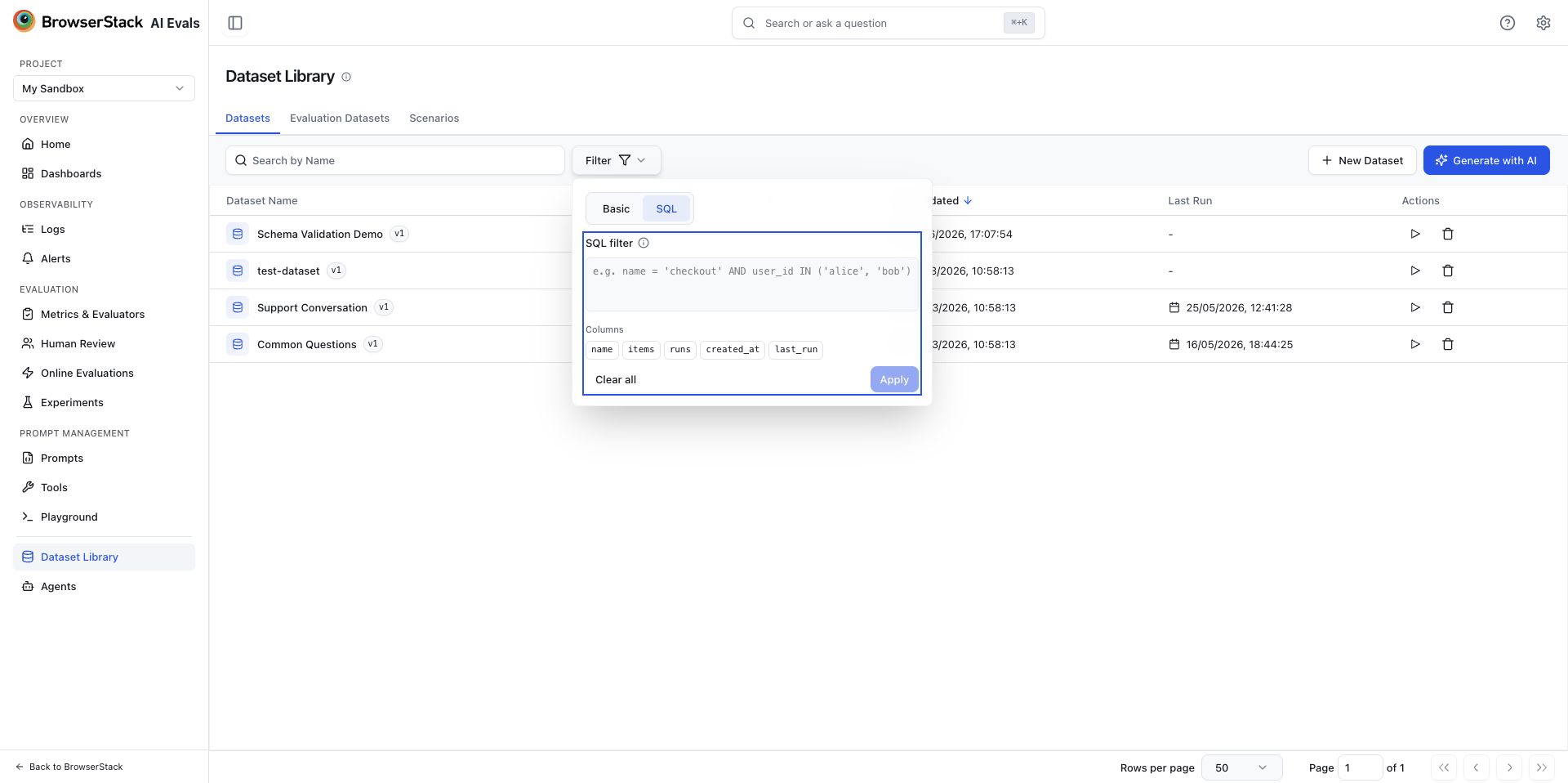 SQL filter for the Datasets list