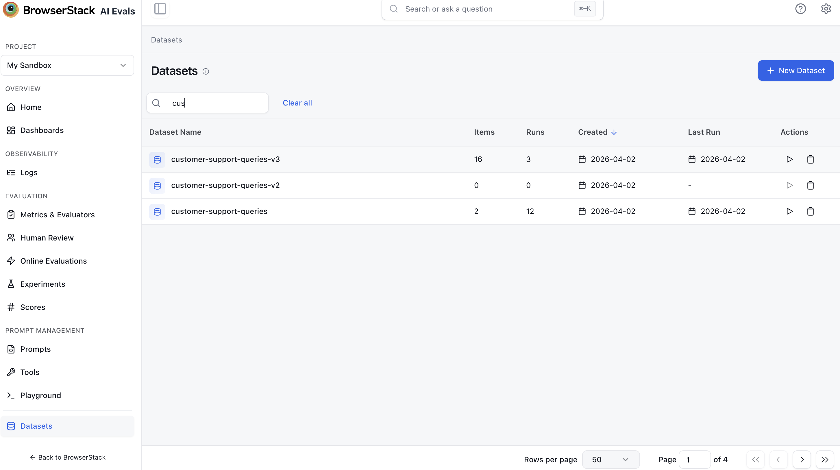Datasets list in the dashboard
