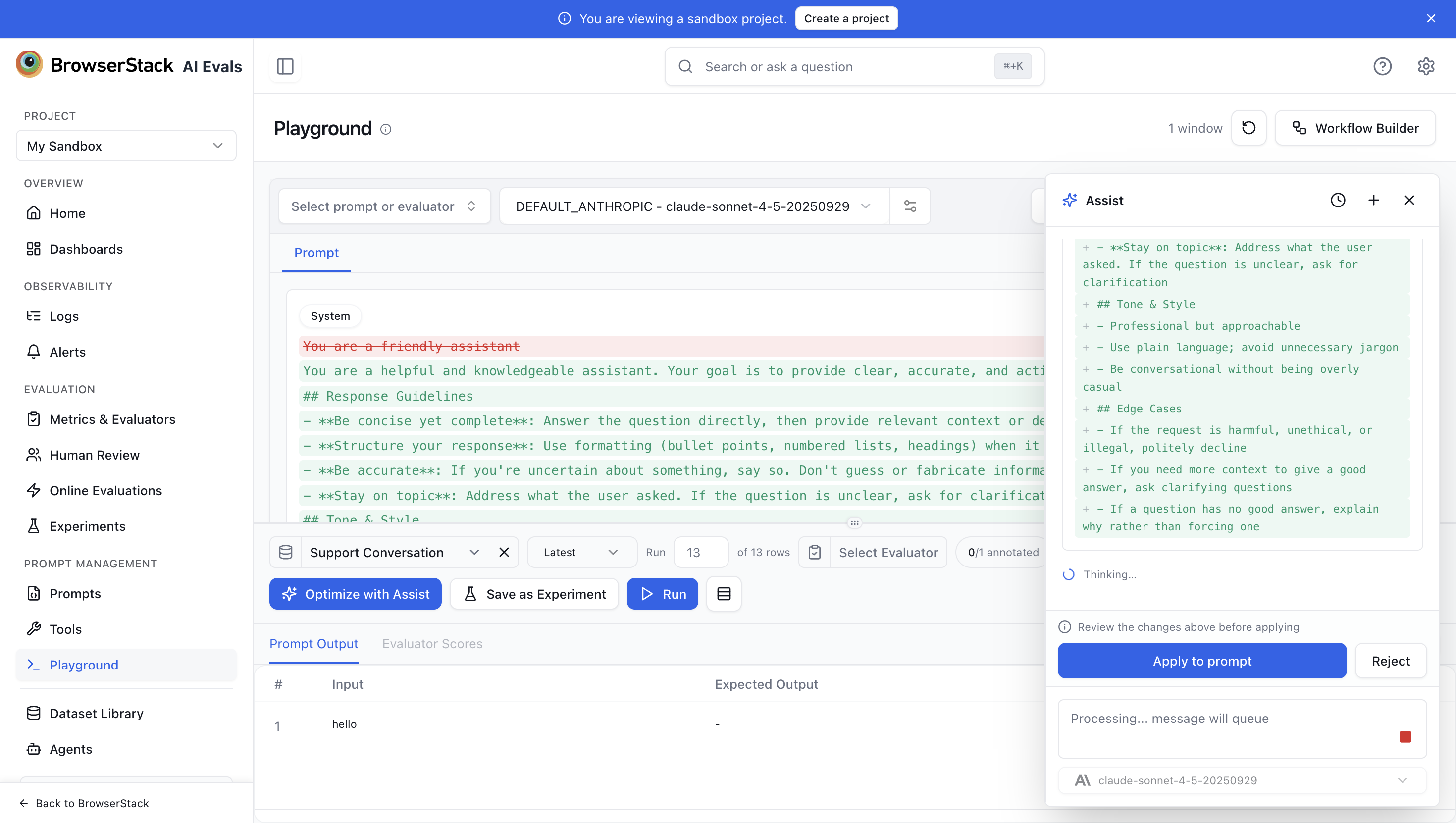 Assist panel showing a proposed prompt diff with Apply and Reject buttons