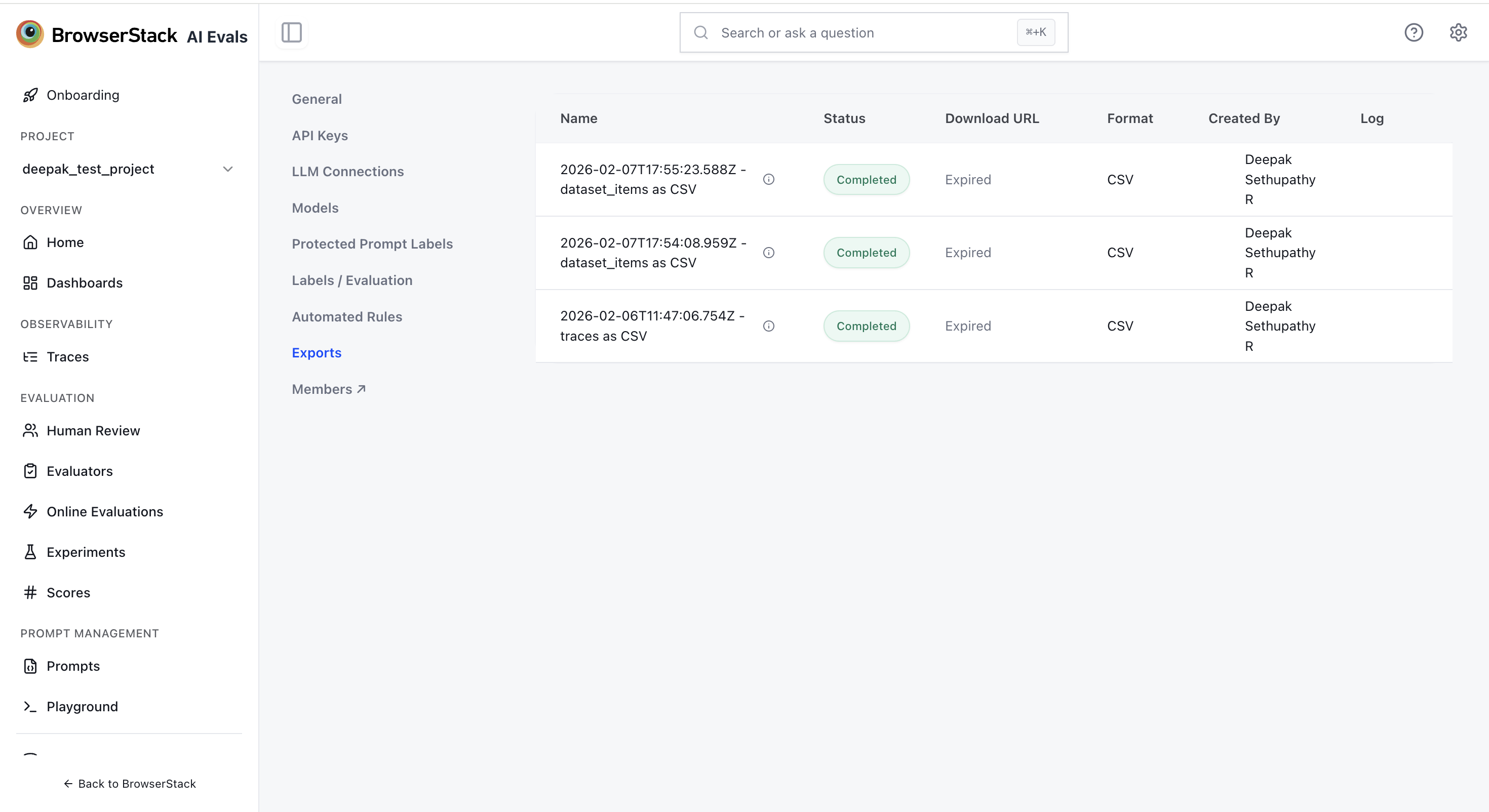 Export Management Page