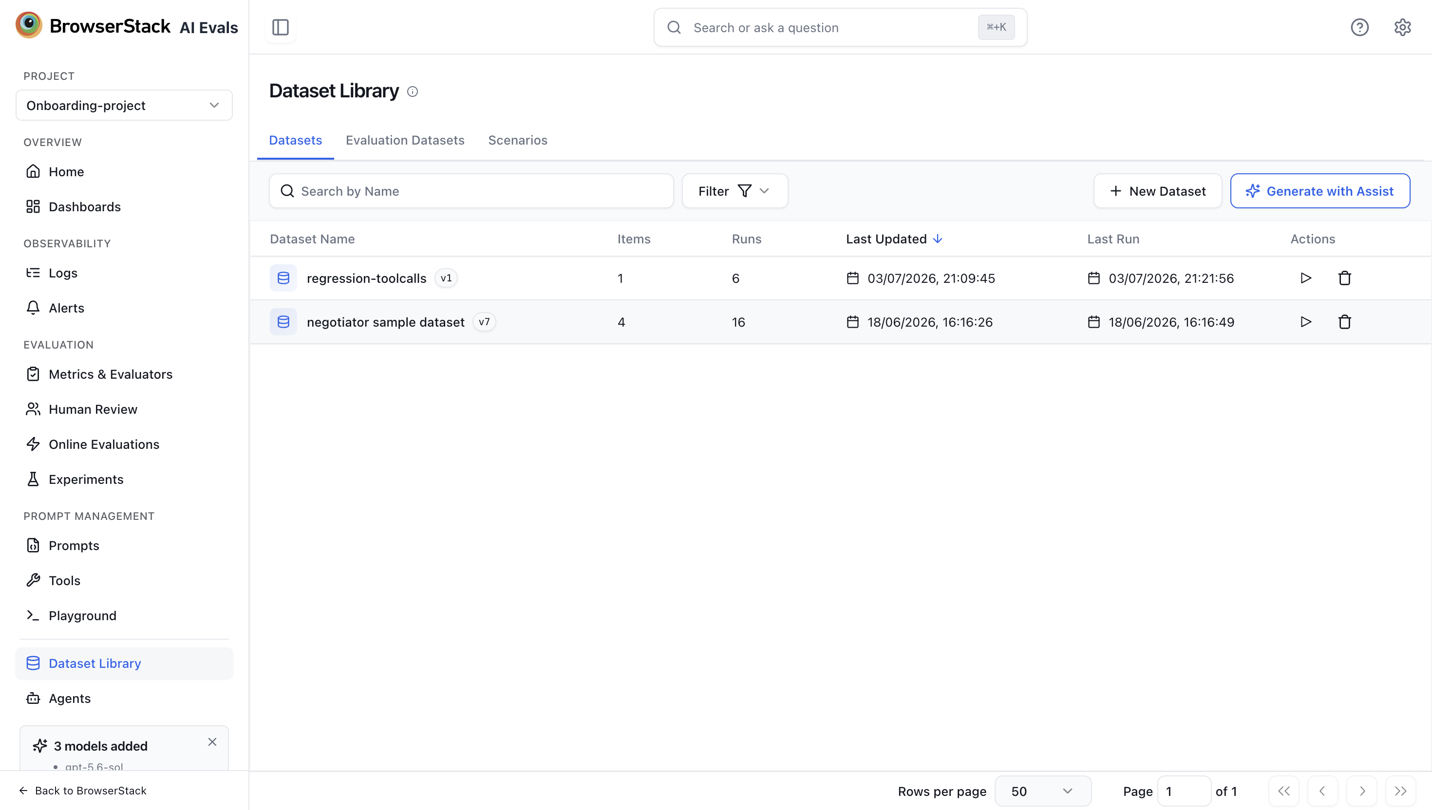 The Generate with Assist button on the Datasets library page