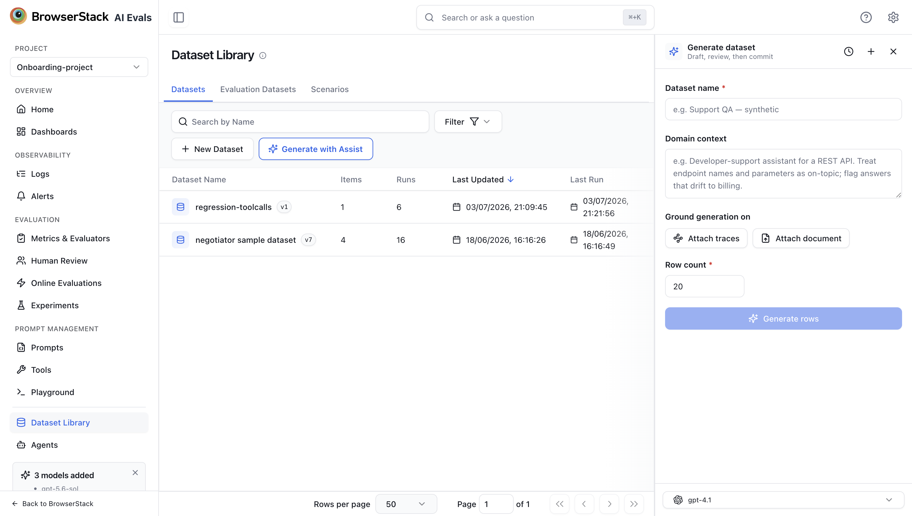 The Generate dataset setup panel with domain context, grounding options, and row count