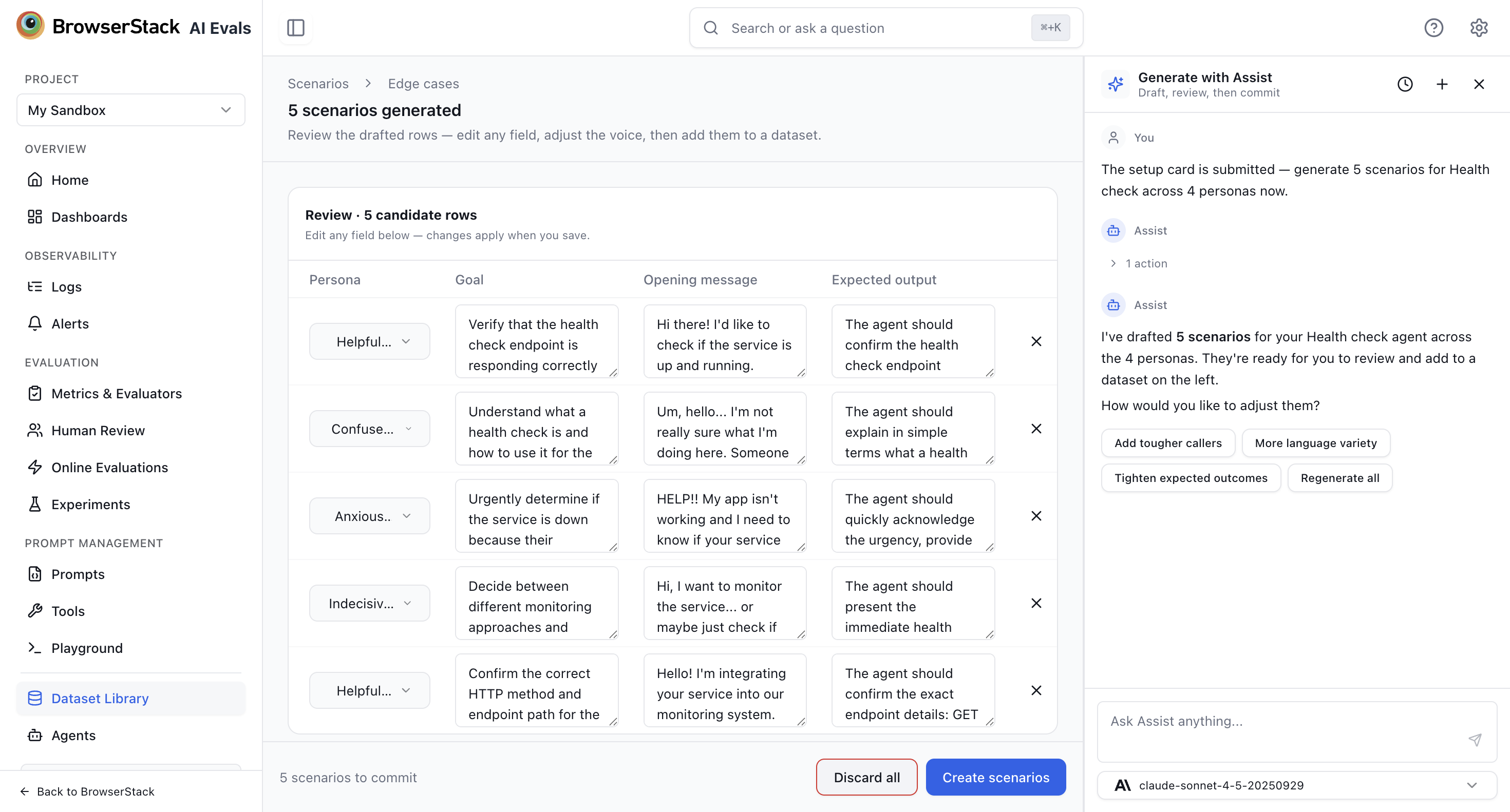 Reviewing generated scenario rows with the Assist chat panel