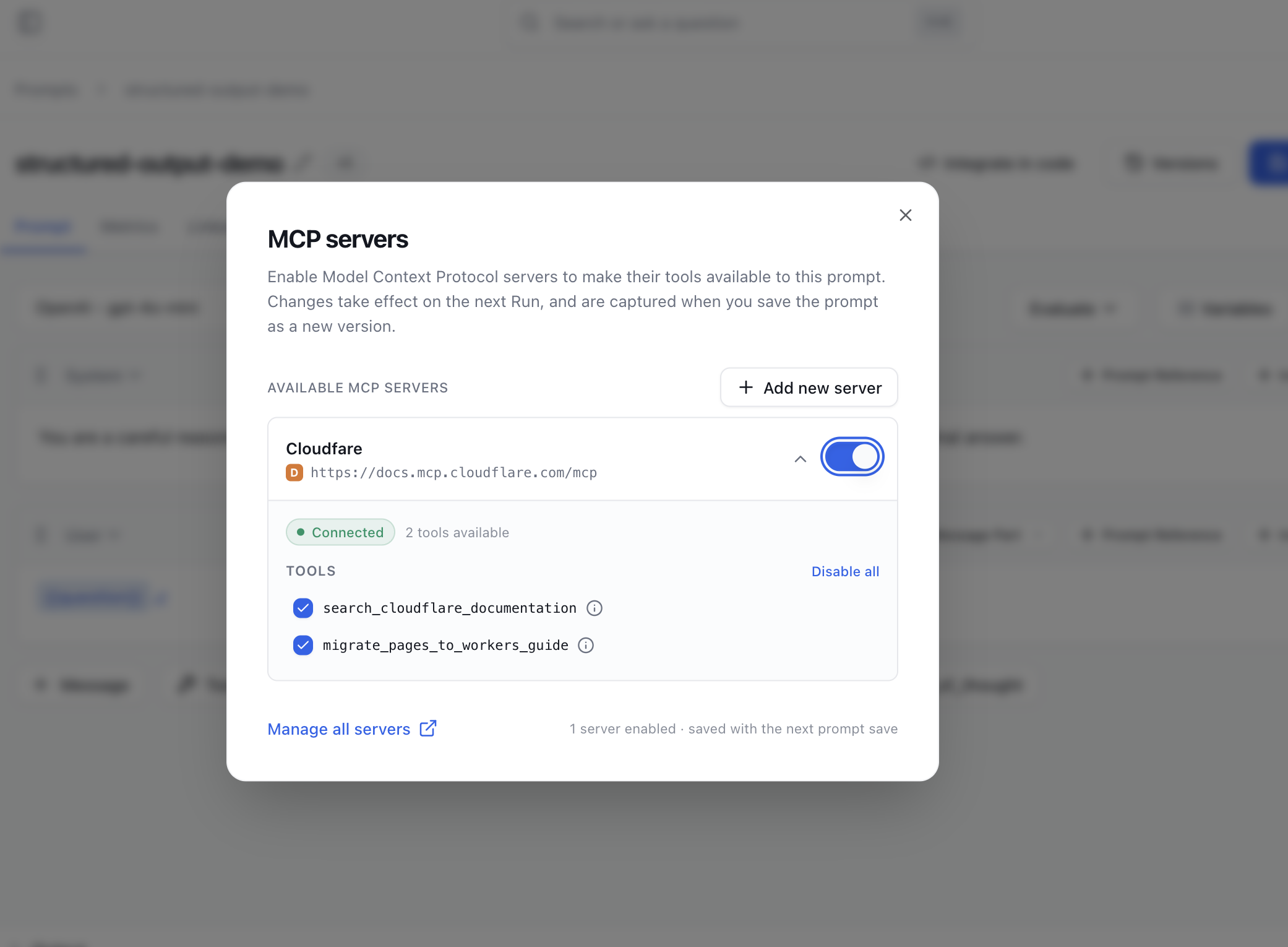 Per-prompt MCP modal
