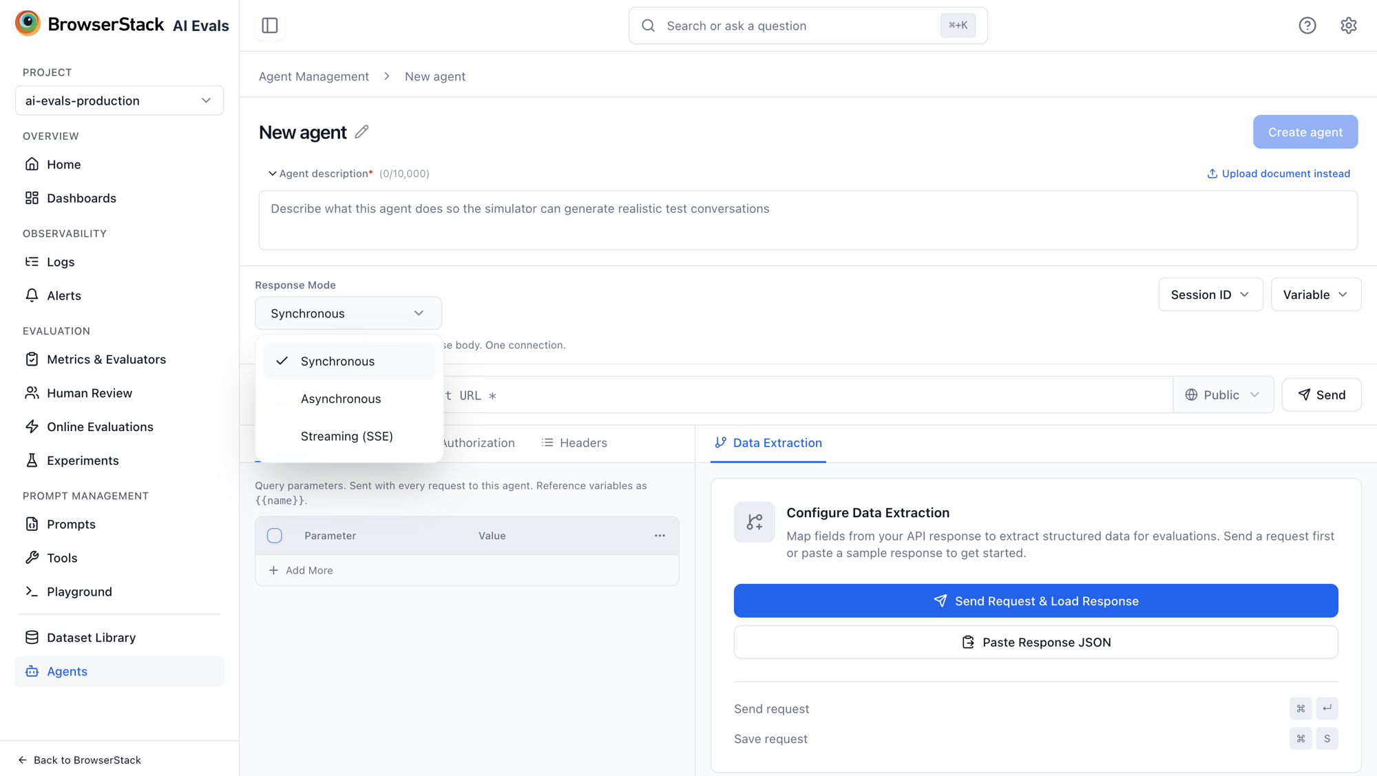The Response Mode picker on a new agent, offering Synchronous, Asynchronous, and Streaming (SSE)