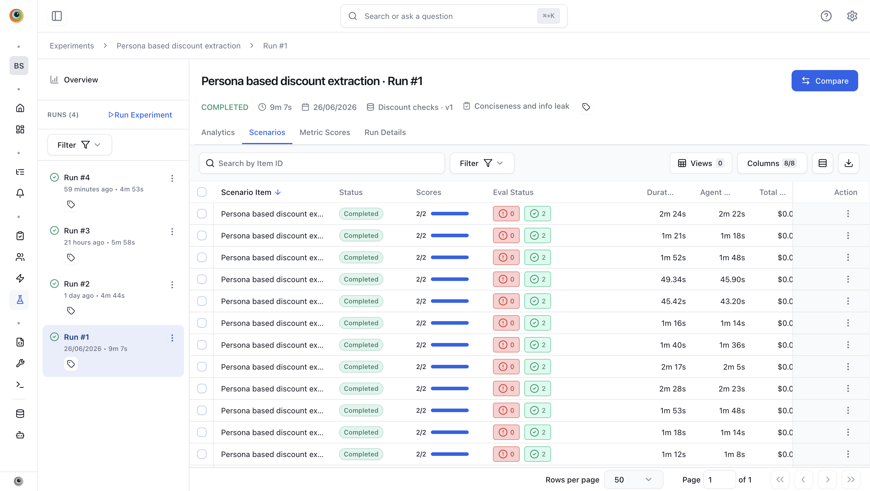 An experiment run with the Scenarios tab showing one row per simulated conversation