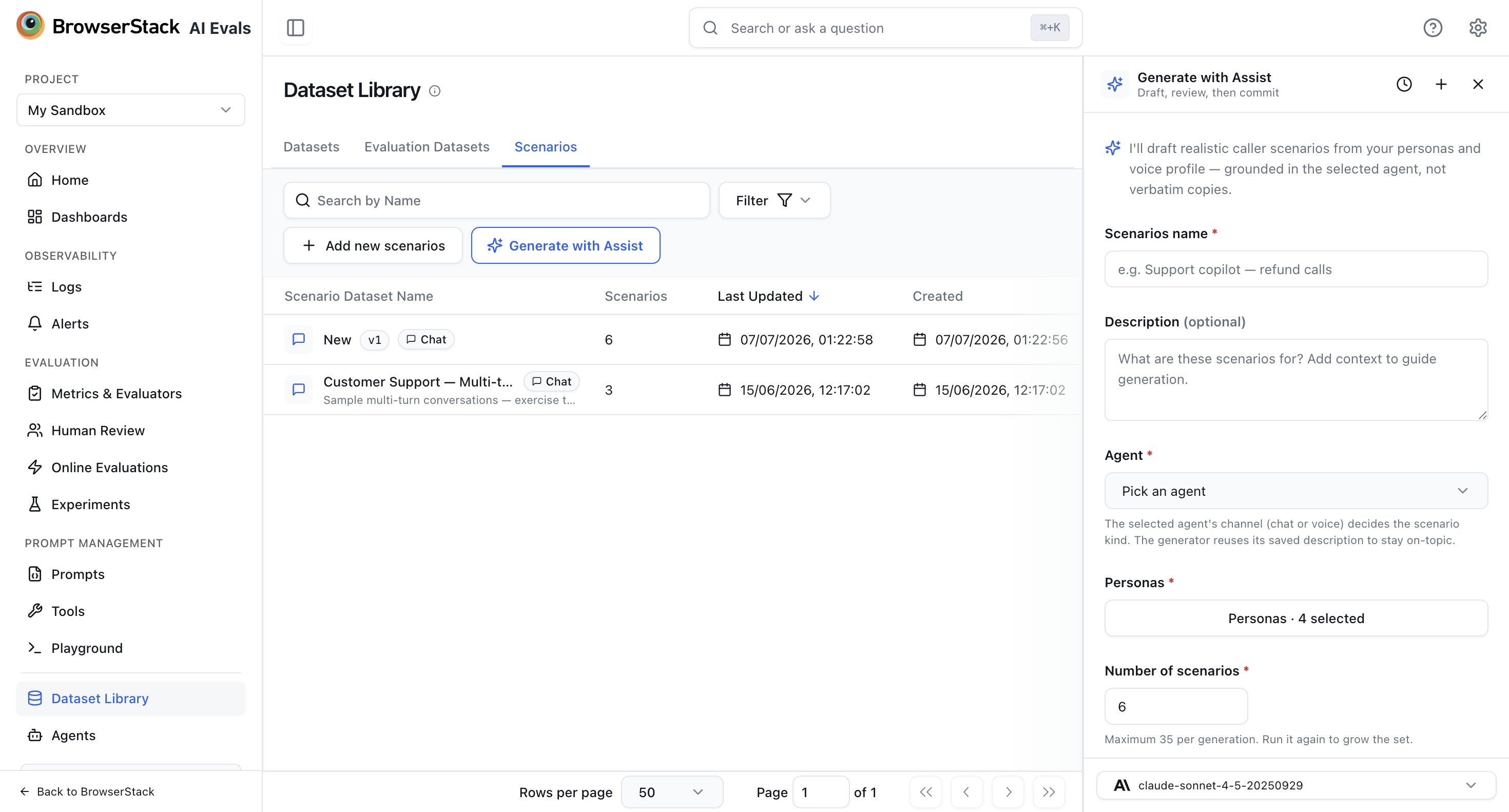 Scenarios tab in the Dataset Library with the Generate with Assist panel open