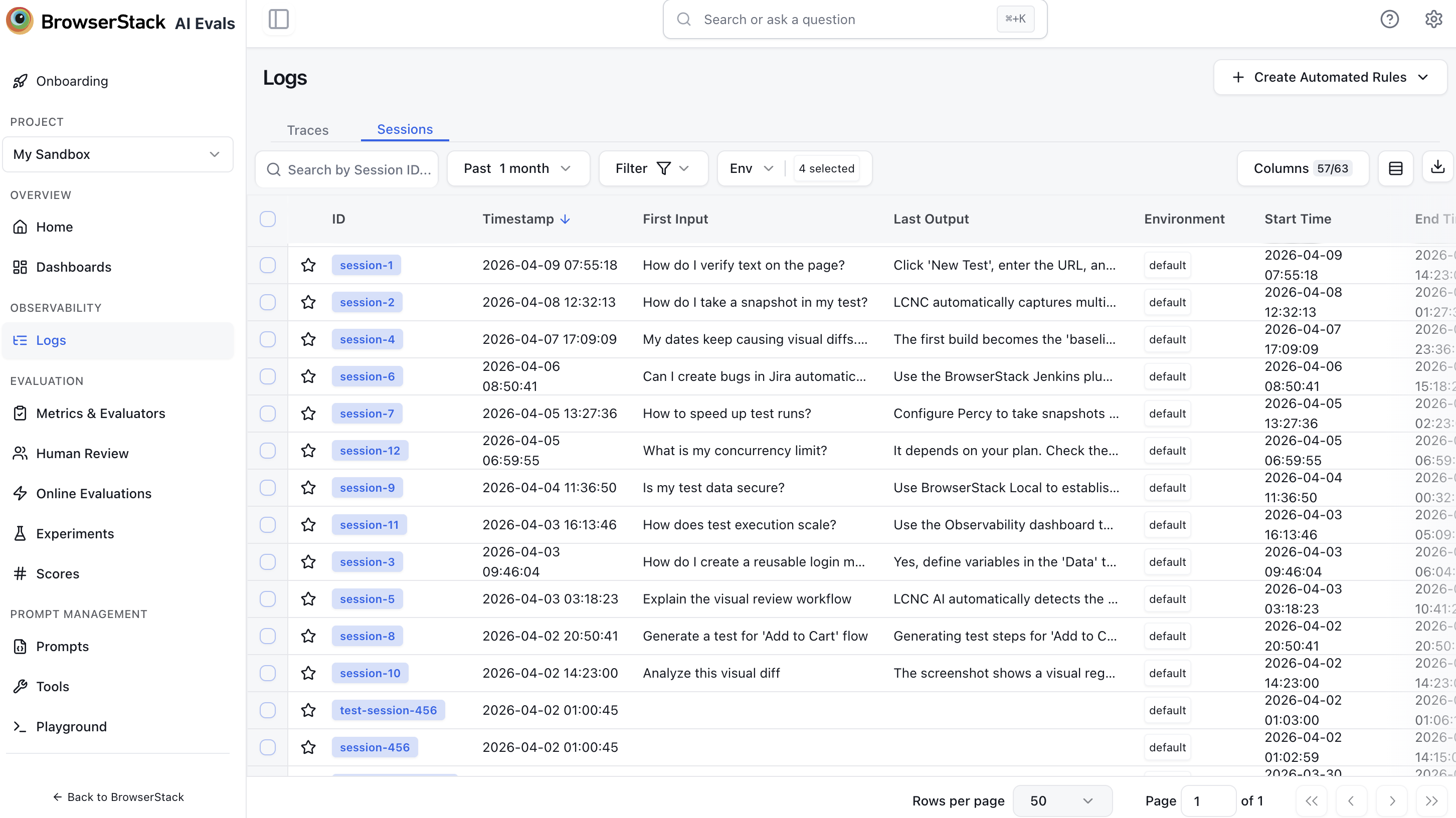 Sessions list in the dashboard