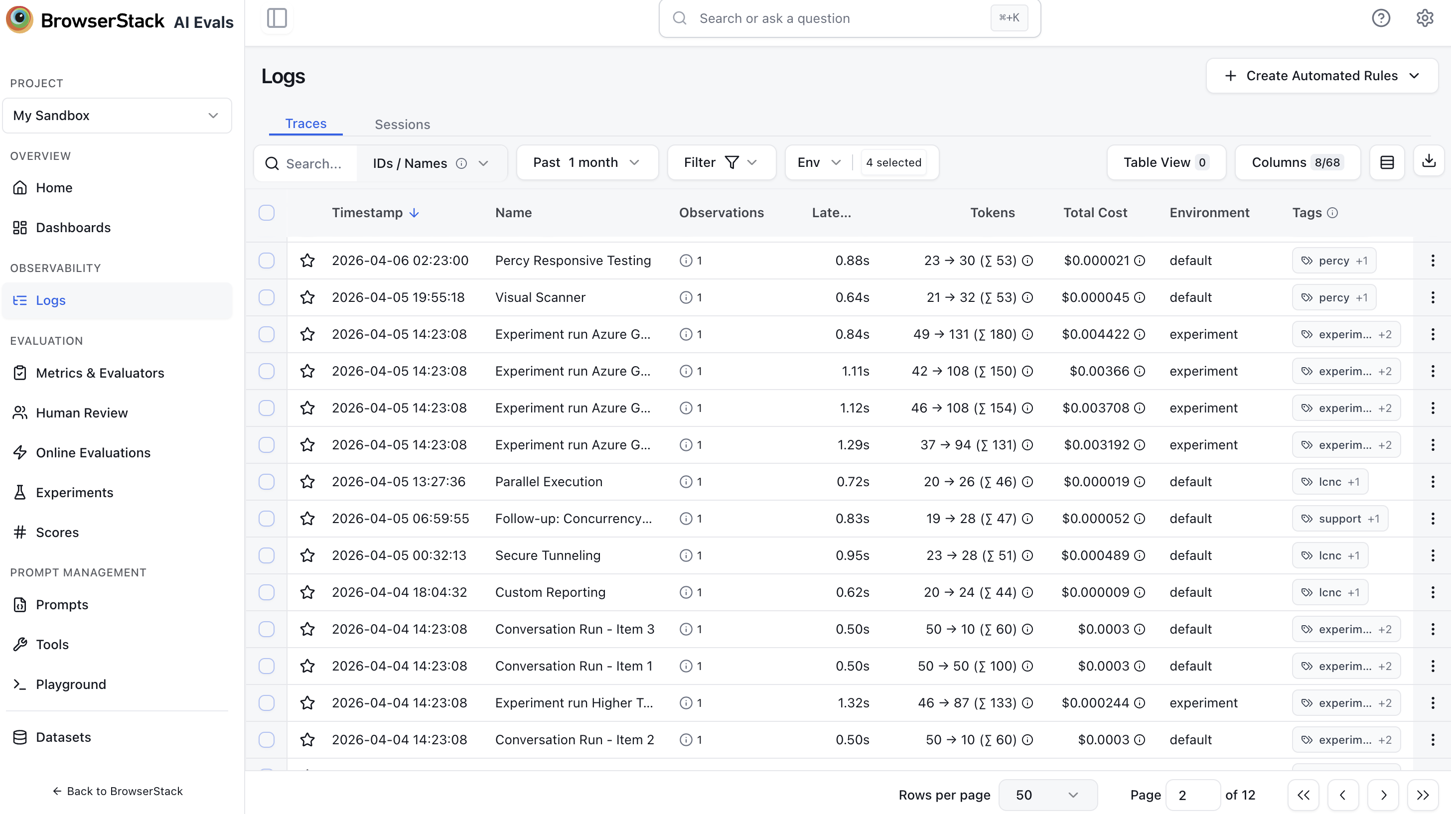 Traces list in the dashboard