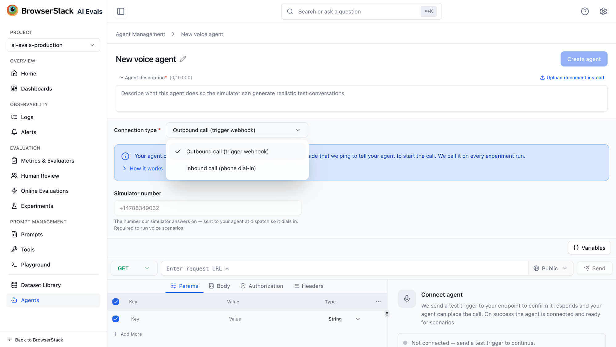 A new voice agent with the Connection type options, Simulator number, and the Connect agent panel